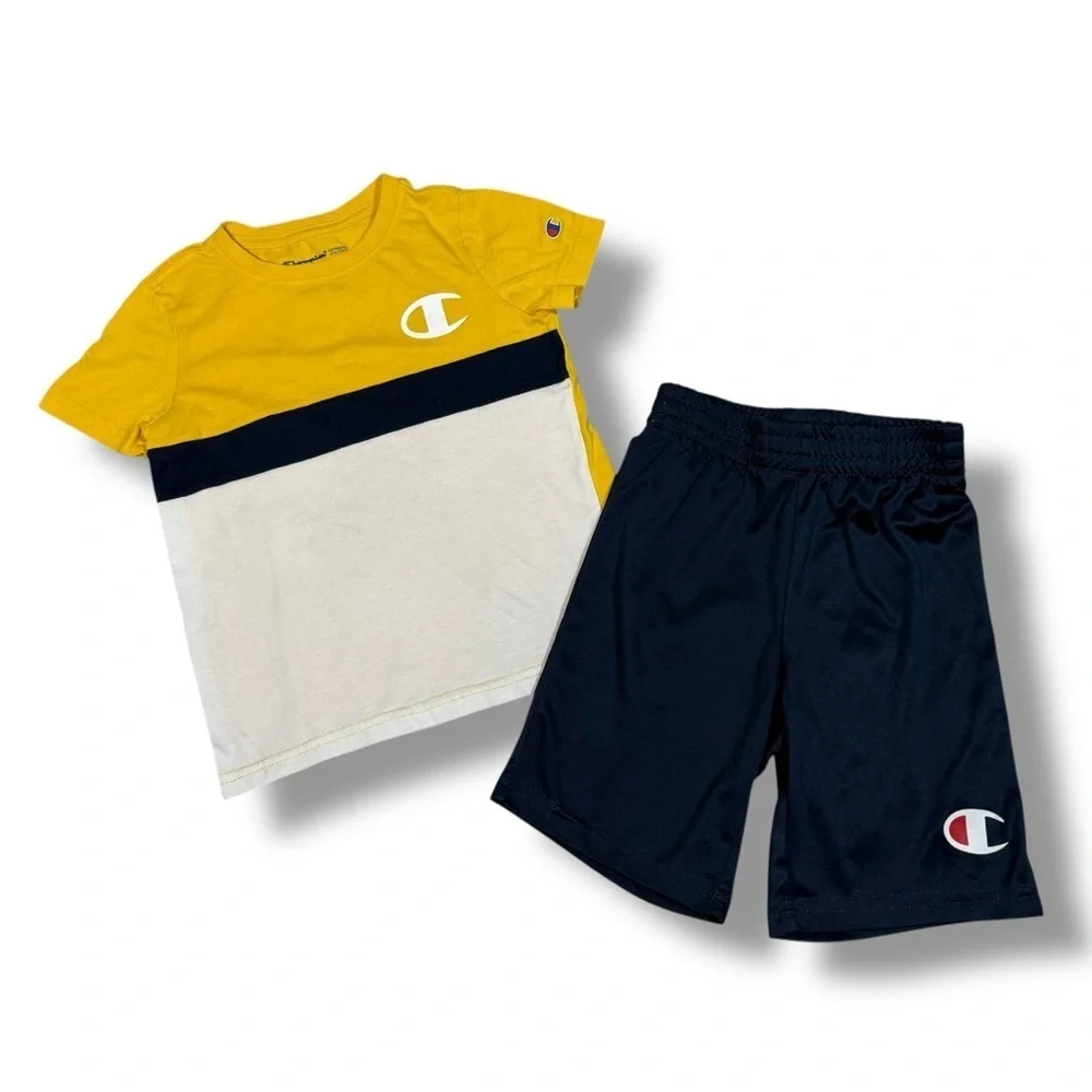 Champion Boy’s Short Sleeve Tee and Shorts Set Yellow Navy Size 5/6